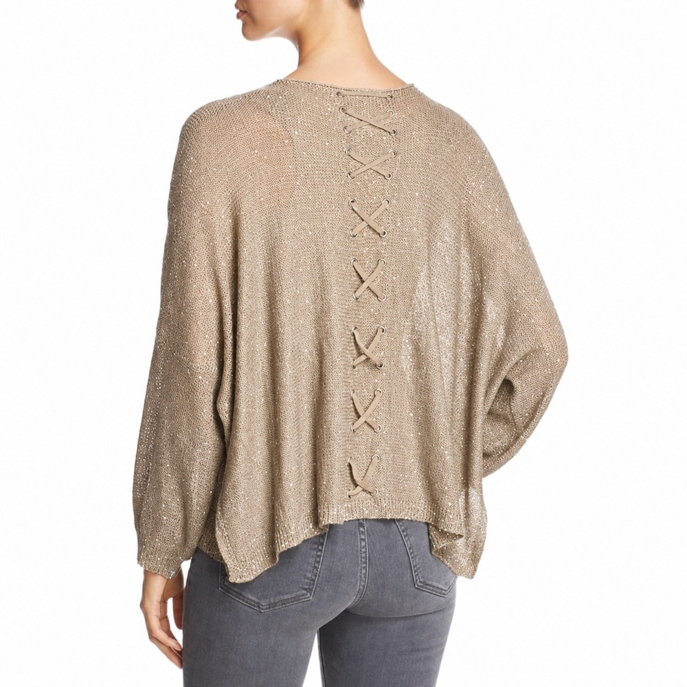 Sioni Beige Knit Sweater M Sequin Lace-Up Back Oversized Fisherman Glam